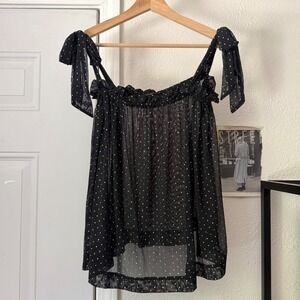 LE PETIT TROU black sheer knit dot metallic sleeveless cropped tank top